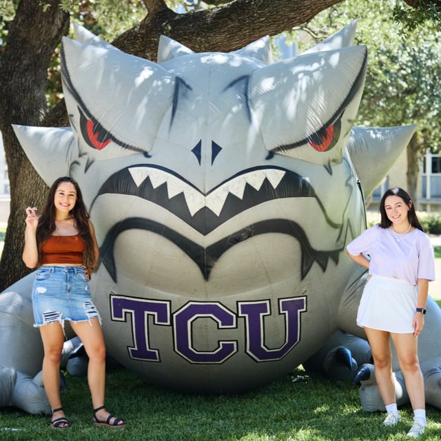 Students at horned frog inflatable.